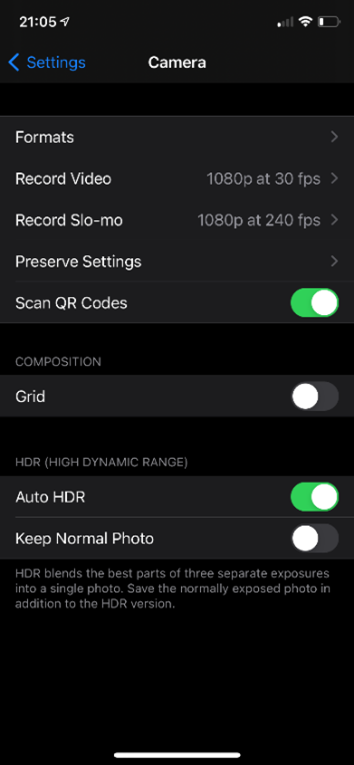 iPhone Settings App, Camera Menu