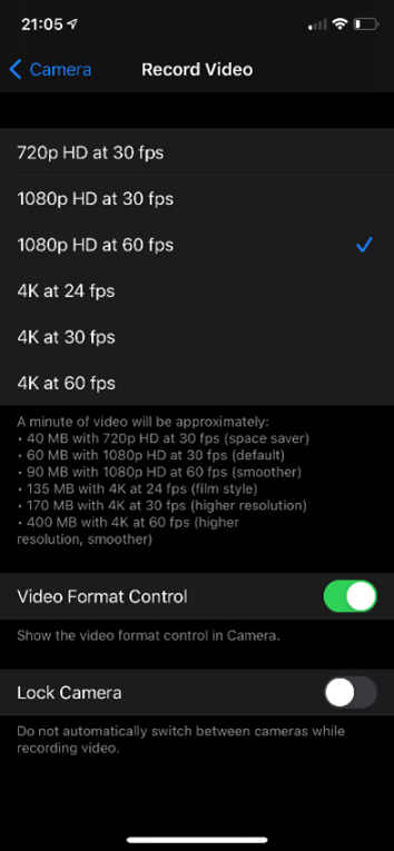 iPhone Settings App, Camera Menu, Record Video submenu. Option "1080p HD at 60fps" selected